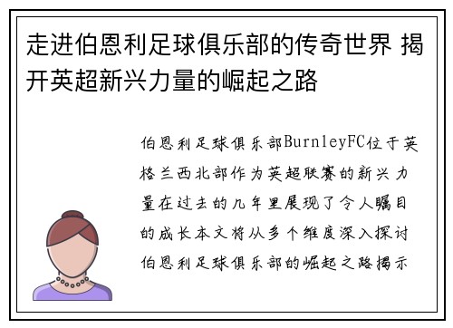 走进伯恩利足球俱乐部的传奇世界 揭开英超新兴力量的崛起之路