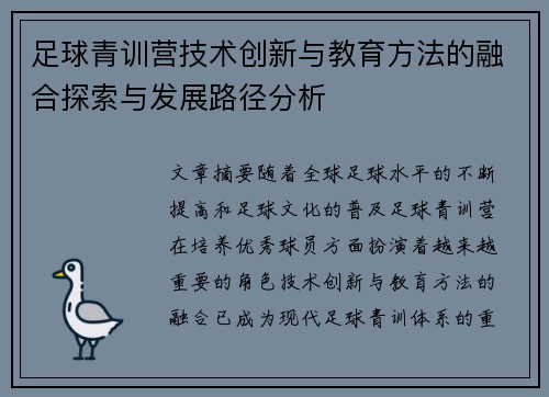 足球青训营技术创新与教育方法的融合探索与发展路径分析 足球青训营技术创新与教育方法的融合探索与发展路径分析