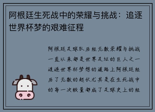 阿根廷生死战中的荣耀与挑战：追逐世界杯梦的艰难征程