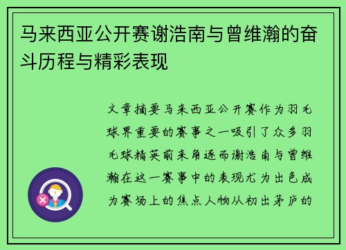 马来西亚公开赛谢浩南与曾维瀚的奋斗历程与精彩表现 马来西亚公开赛谢浩南与曾维瀚的奋斗历程与精彩表现