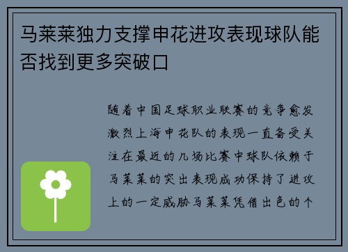 马莱莱独力支撑申花进攻表现球队能否找到更多突破口