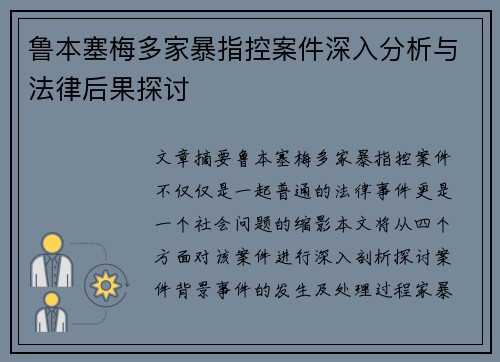 鲁本塞梅多家暴指控案件深入分析与法律后果探讨